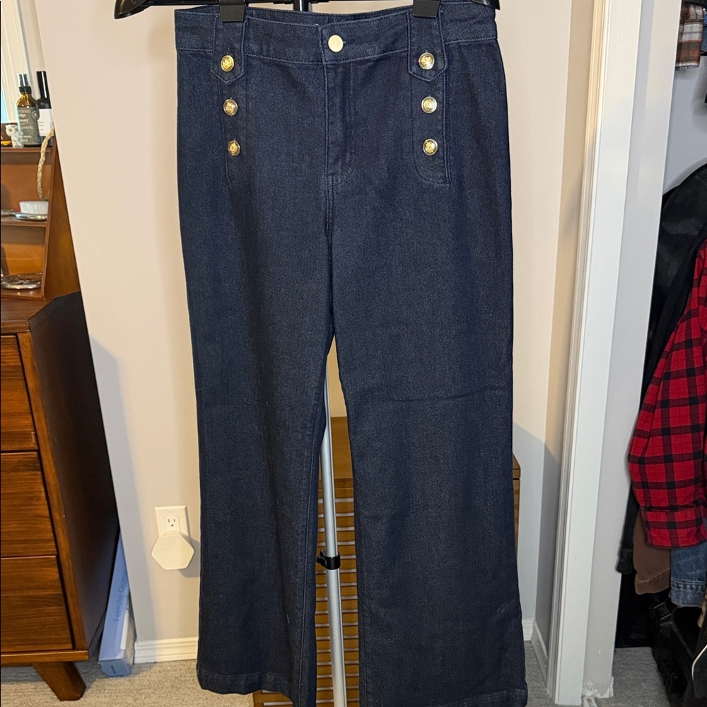 High-Rise Dark Blue Wide-Leg Jeans with Gold Buttons